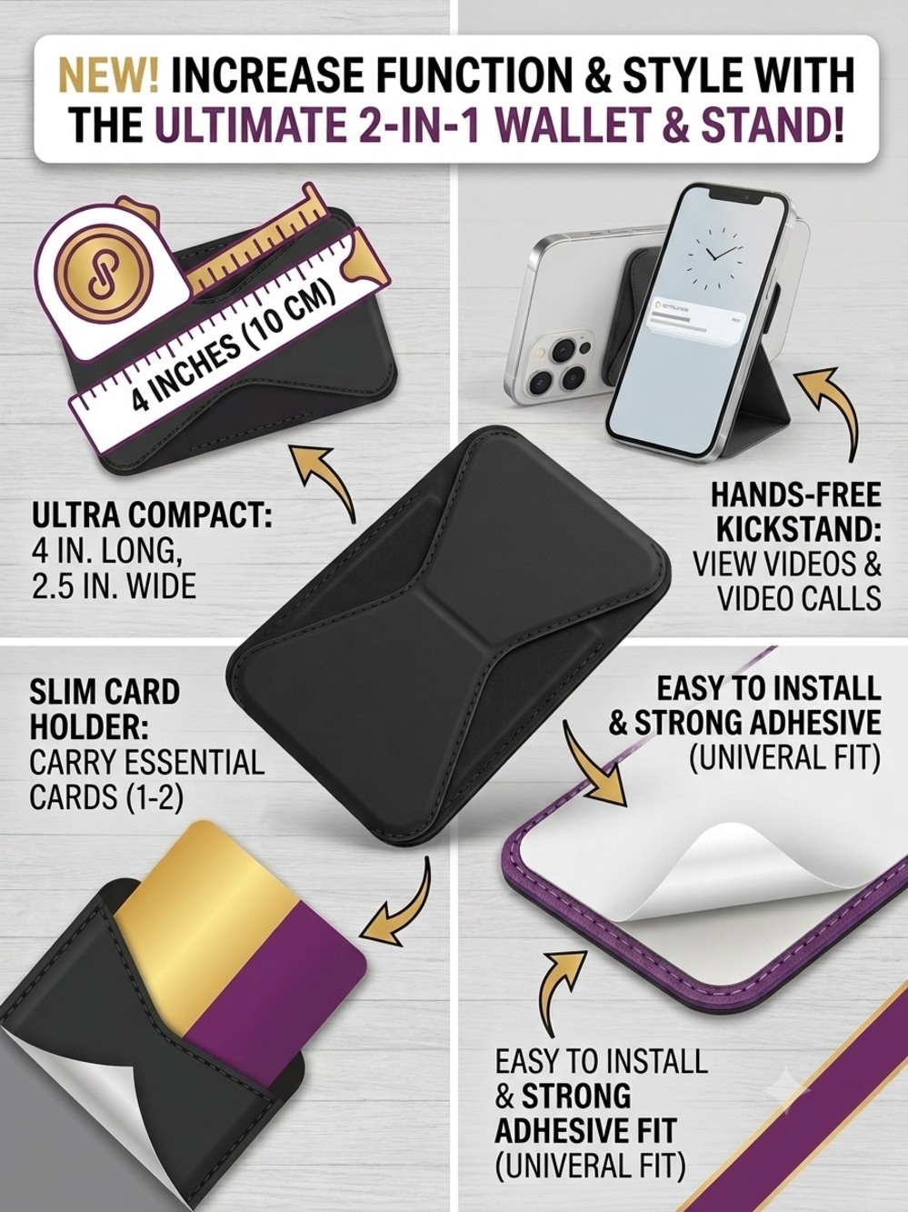 Universal Stick-On Phone Wallet & Foldable Stand - Black